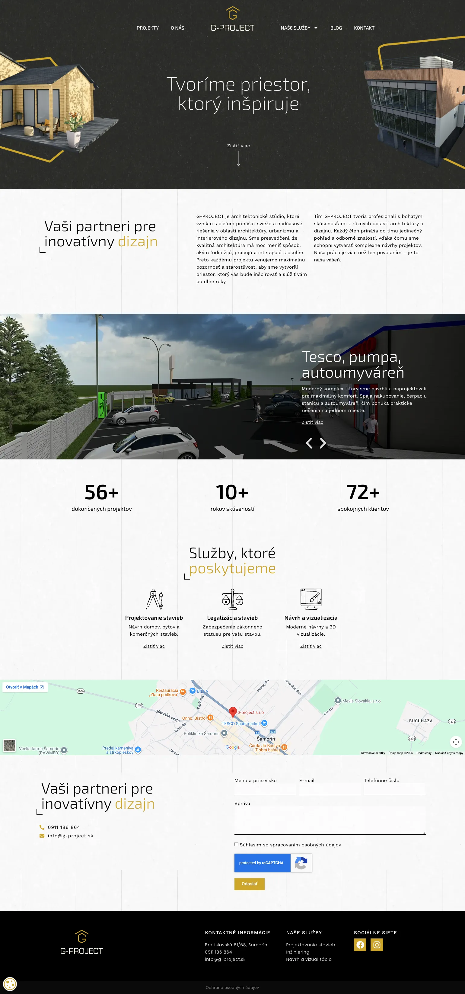 Celá úvodná stránka webu G-Project na počítači