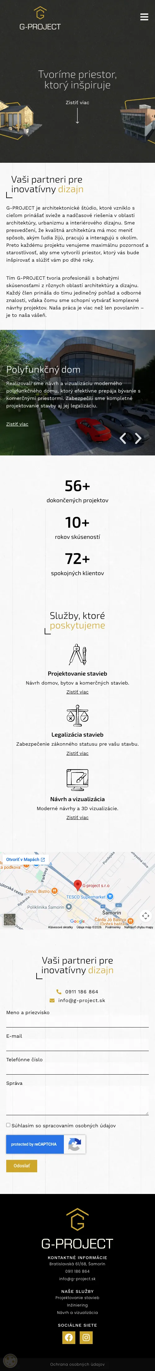 Celá úvodná stránka webu G-Project na mobile
