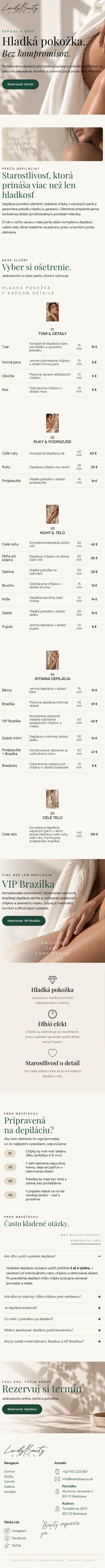 Celá úvodná stránka webu Lovely Beauty na mobile