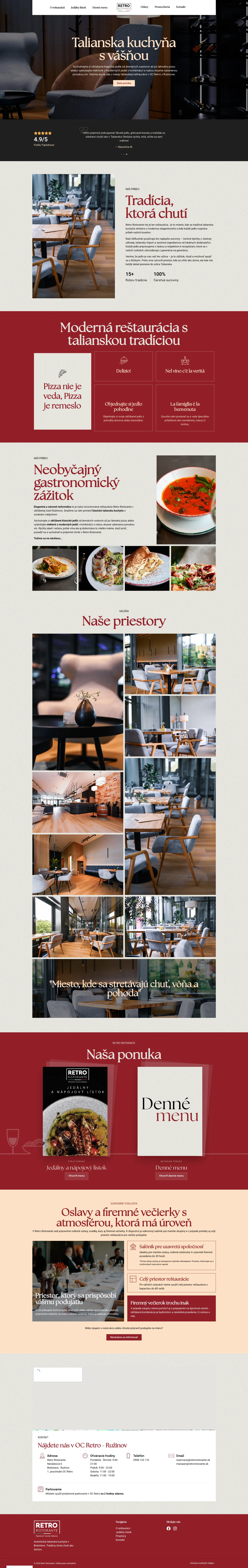 Celá úvodná stránka webu Retro Ristorante na počítači