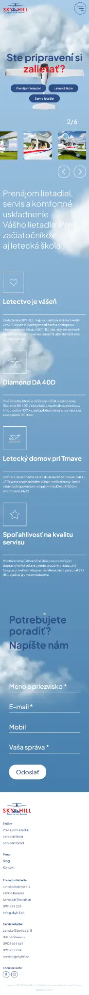 Celá úvodná stránka webu Sky Hill na mobile